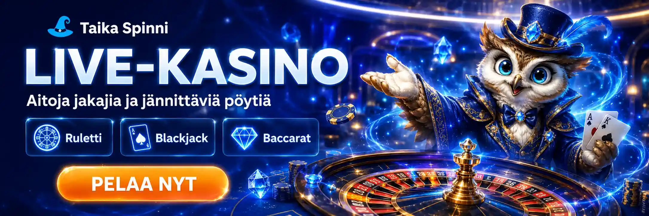 Live-kasino pelipöytä ja pöllö taikasankari hahmo