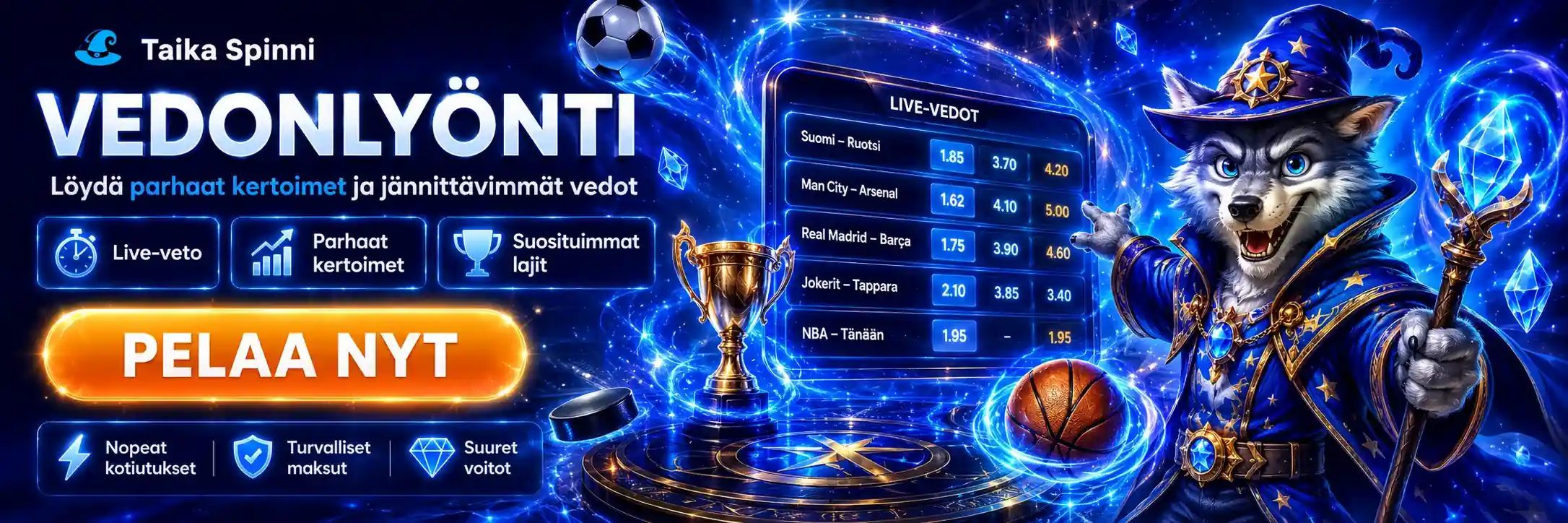 Urheiluvedonlyönti ja sutta esittävä taikasankari hahmo